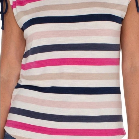 Liverpool Jeans Company Women's Multicolor Striped Tee with Rouched Sleeves - Picture 1 of 6